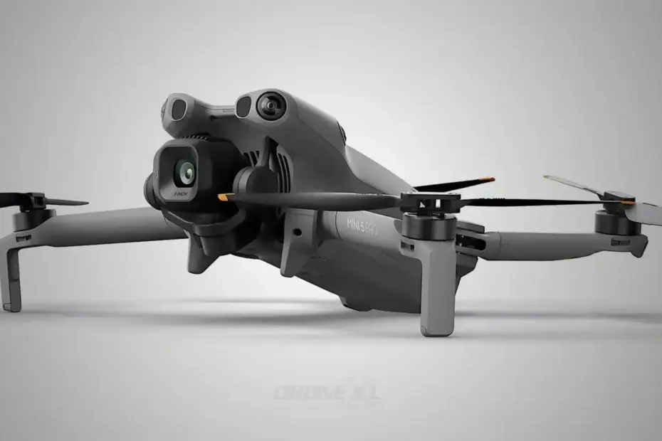 Drone DJI Mini 5 Pro em destaque mostrando a câmera com sensor de 1 polegada e os sensores LiDAR frontais.