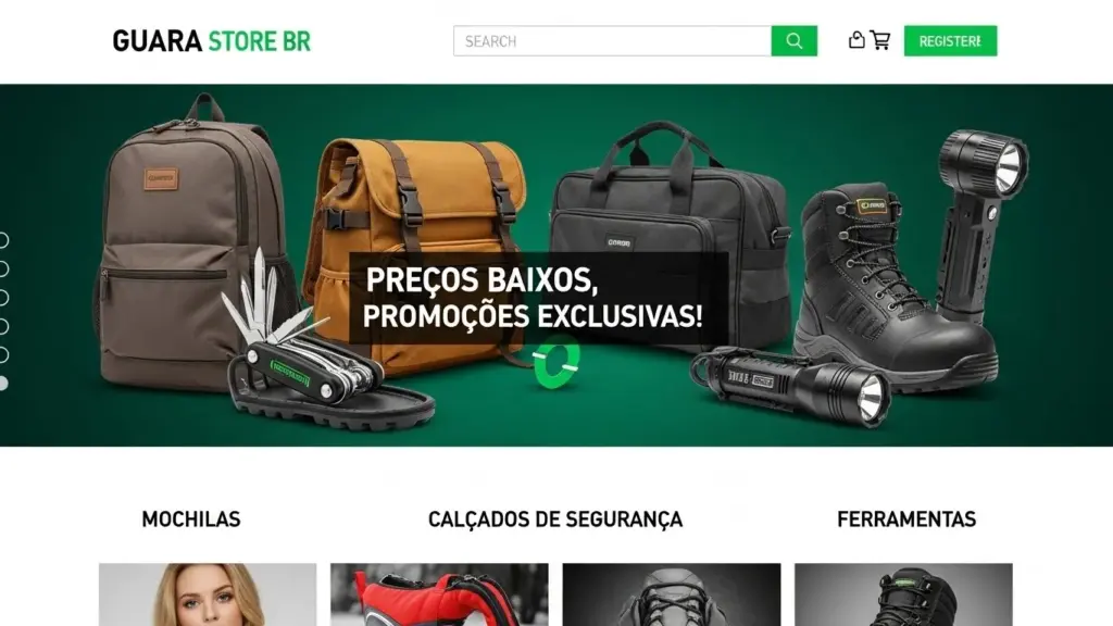 A Guara Store BR é um e-commerce brasileiro especializado em mochilas, bolsas, calçados de segurança, ferramentas e produtos de iluminação. A loja online se destaca por oferecer preços acessíveis, promoções exclusivas e variedade de produtos que atendem tanto ao uso pessoal quanto profissional.