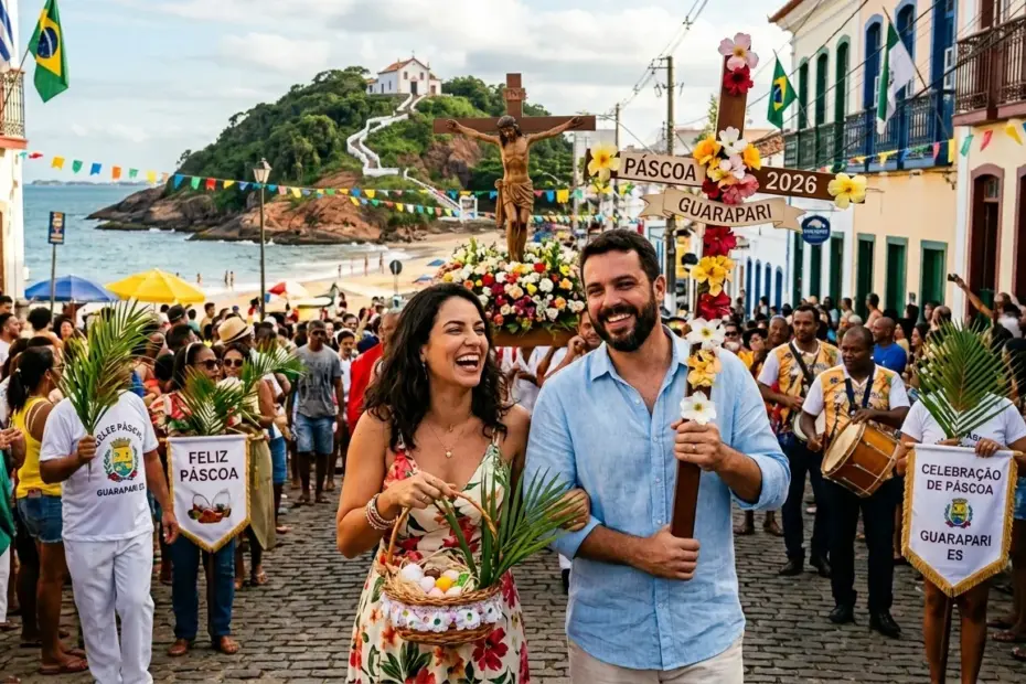 Casal sorridente caminhando em desfile de Páscoa em Guarapari, com fiéis carregando cruzes decoradas e instrumentos musicais ao fundo em rua histórica.