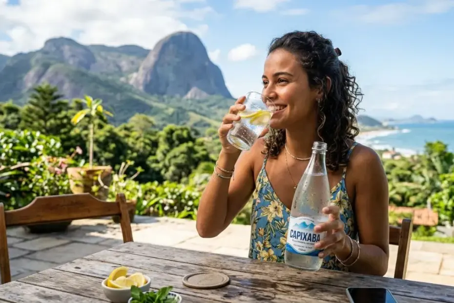 Mulher jovem e sorridente bebendo um copo de água mineral capixaba pura e refrescante.