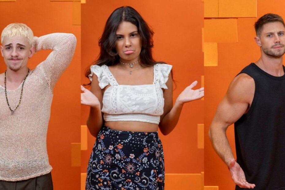 Montagem dos emparedados do BBB 26: Juliano Floss, Jonas Sulzbach e Gabriela Saporito em destaque para a eliminação de hoje.