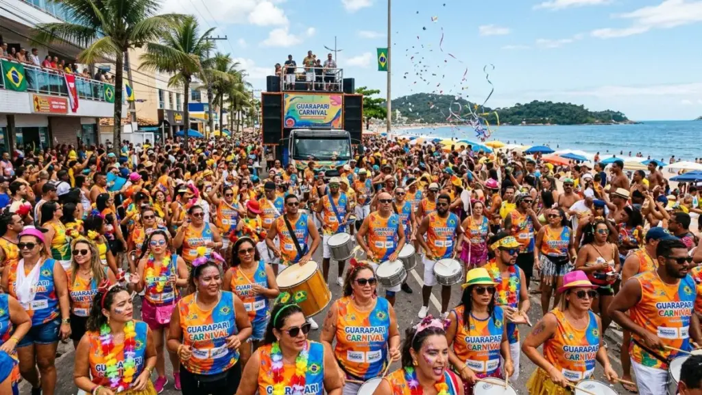Multidão de turistas e foliões celebrando o Carnaval 2026 em Guarapari, gerando recorde na economia local.