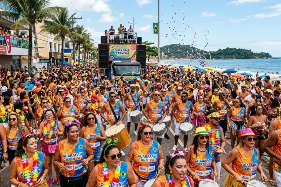 Multidão de turistas e foliões celebrando o Carnaval 2026 em Guarapari, gerando recorde na economia local.