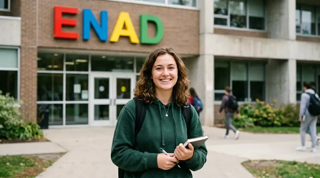 Estudante universitário concentrado realizando a prova do ENADE 2026 em sala de aula oficial.