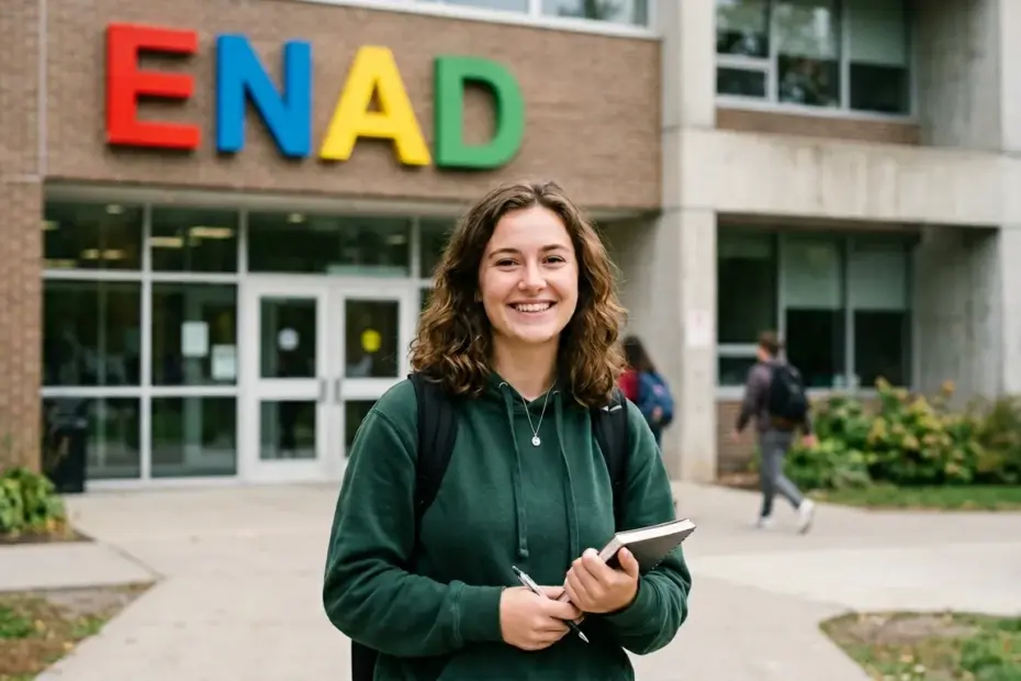Estudante universitário concentrado realizando a prova do ENADE 2026 em sala de aula oficial.