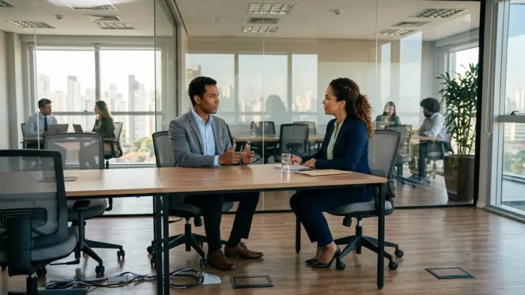 Um recrutador e uma candidata conversando em uma mesa de escritório durante processo seletivo para vagas de emprego em Guarapari.