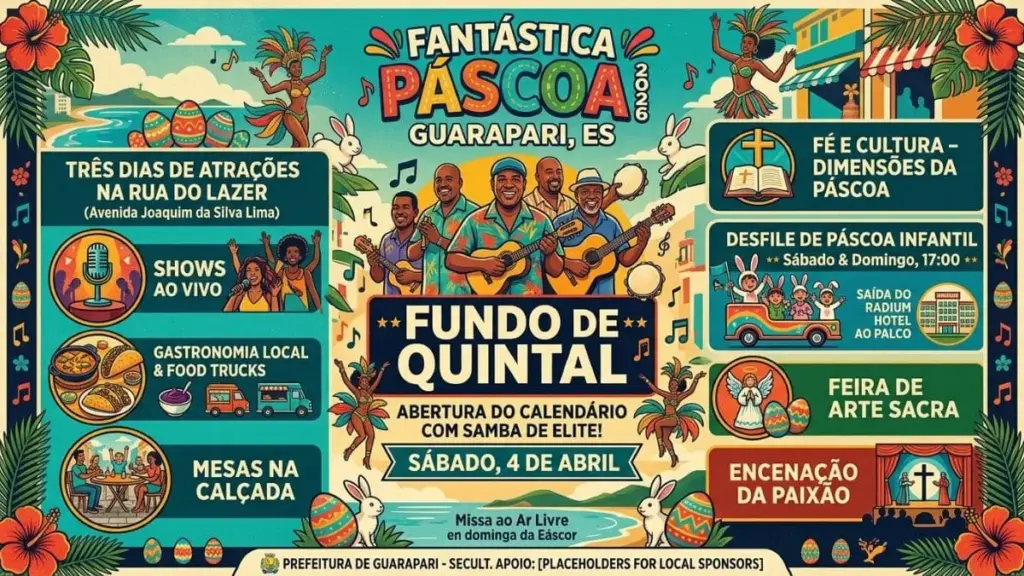 Os integrantes do grupo de samba Fundo de Quintal sorrindo e segurando instrumentos musicais para o show da Páscoa em Guarapari 2026.