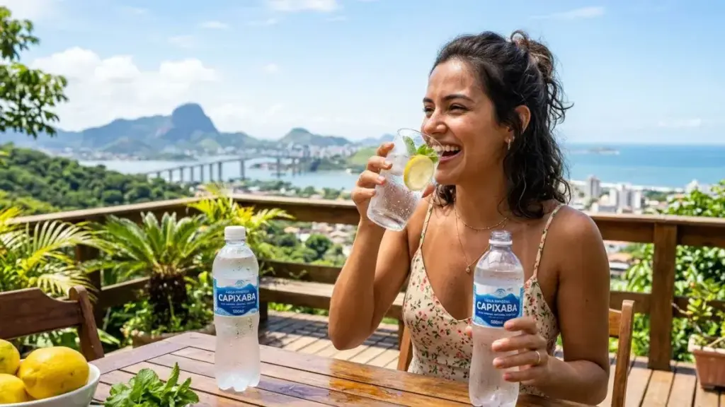Mulher sorrindo bebendo copo de água mineral capixaba em um deck com vista para a Terceira Ponte e Convento da Penha em Vitória, ES.