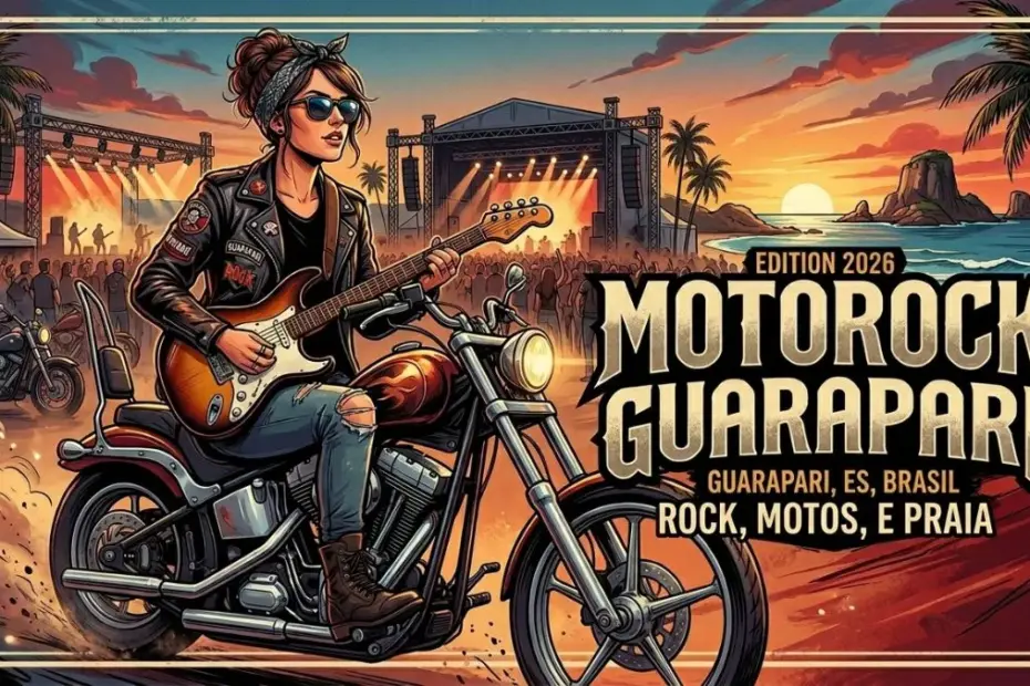 Ilustração artística do Motorock Guarapari 2026 com uma motociclista tocando guitarra ao pôr do sol na Praia do Morro, destacando o clima de rock e liberdade.