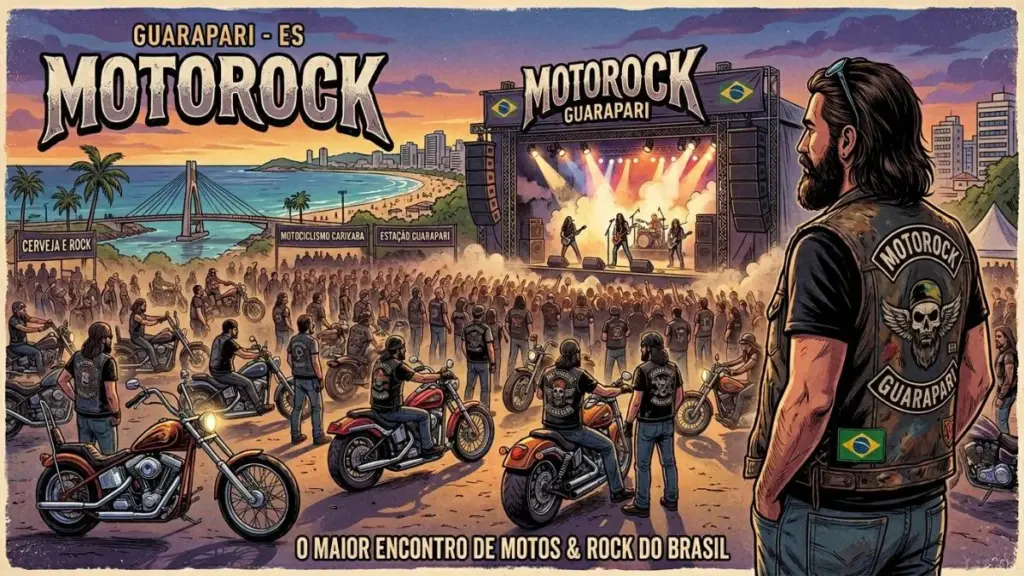 Ilustração artística do Motorock Guarapari 2026 com uma motociclista tocando guitarra ao pôr do sol na Praia do Morro, destacando o clima de rock e liberdade.