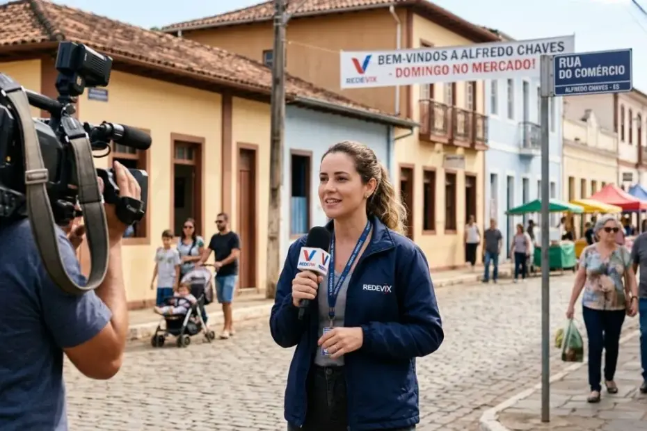 Repórter do Portal Redevix em cobertura local nas ruas para as Notícias de Alfredo Chaves ES Hoje com foto sobre esportes e a festa em Batatal.