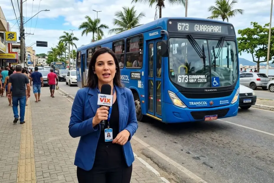 Repórter da Rede Vix Notícias segura microfone em frente ao novo ônibus Transcol da linha 673 em Guarapari, ilustrando as Notícias de Guarapari Hoje com foto.