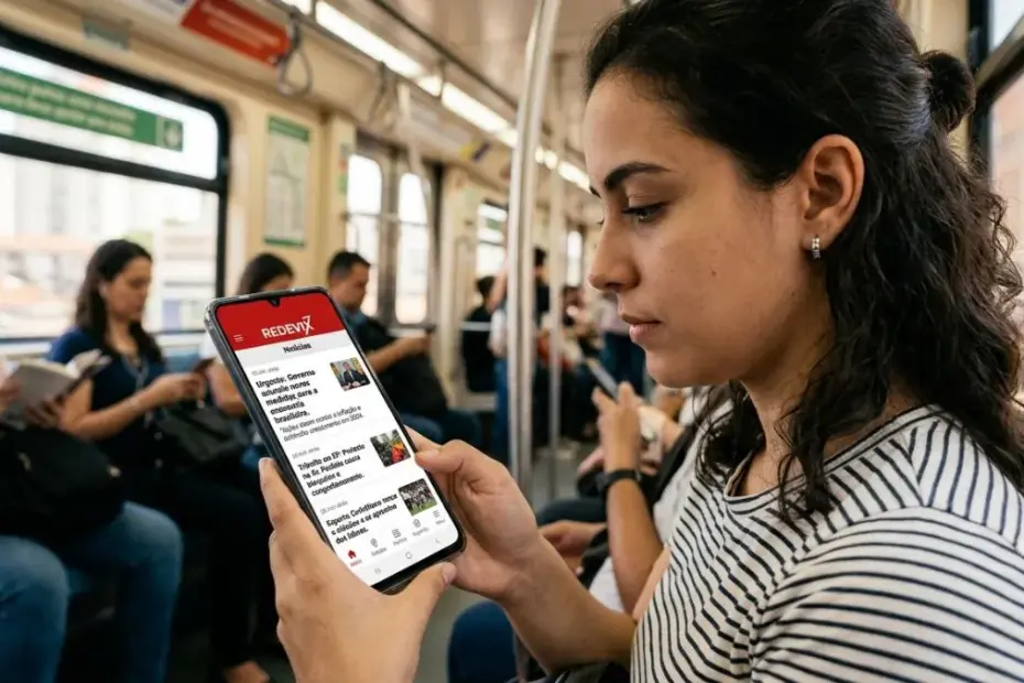 Repórter da Rede Vix Notícias realizando cobertura ao vivo sobre notícias e vagas em Guarapari, com ônibus do sistema Transcol ao fundo.