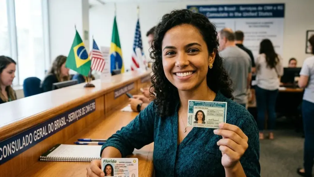 Mulher sorridente segurando a nova CNH 2026 e um documento de identificação em um guichê de atendimento.
