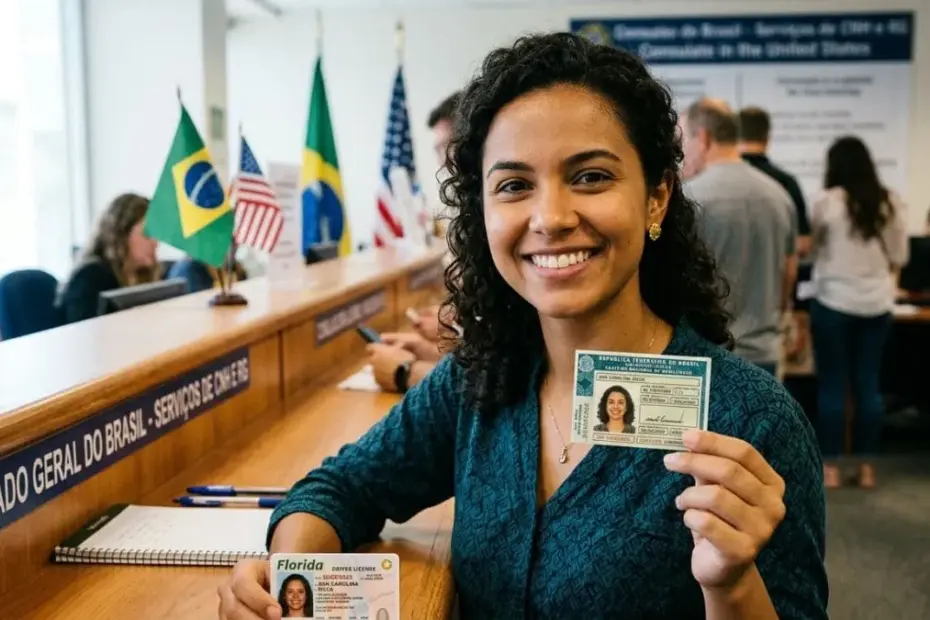 Mulher sorridente segurando a nova CNH 2026 e um documento de identificação em um guichê de atendimento.