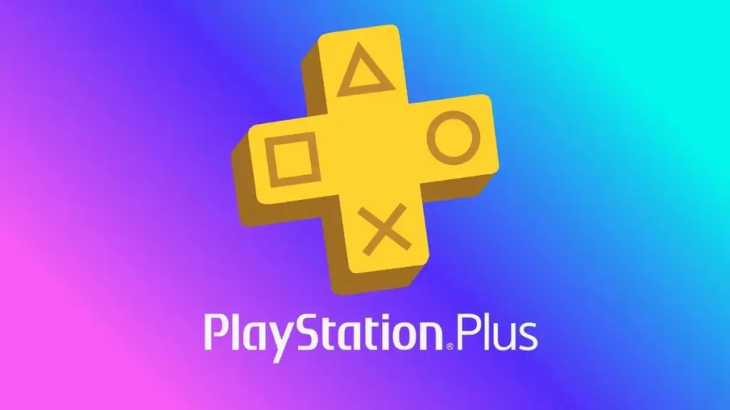 Logotipo dourado do PlayStation Plus sobre um fundo degradê em tons de azul, roxo e rosa.