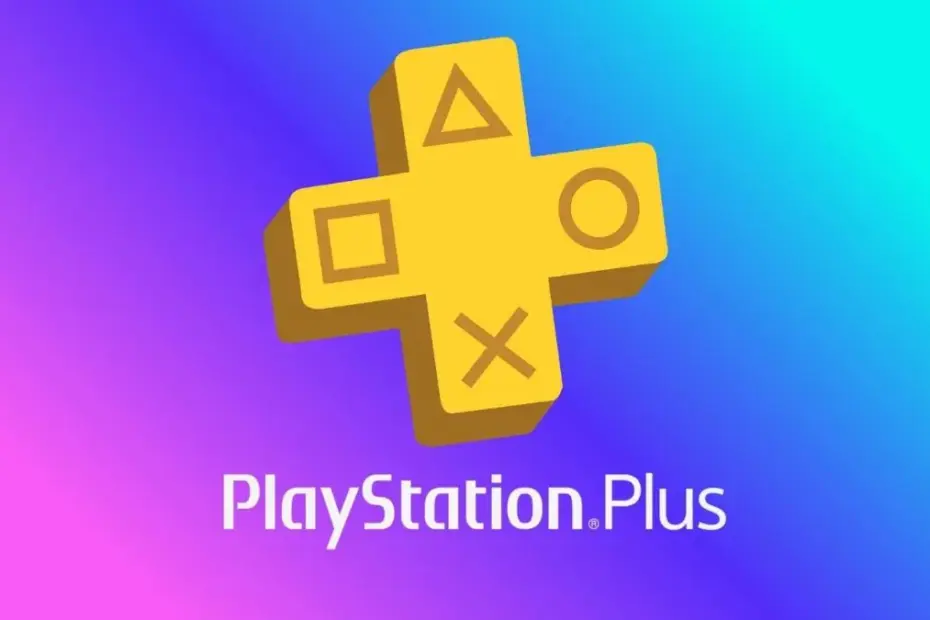 Logotipo dourado do PlayStation Plus sobre um fundo degradê em tons de azul, roxo e rosa.