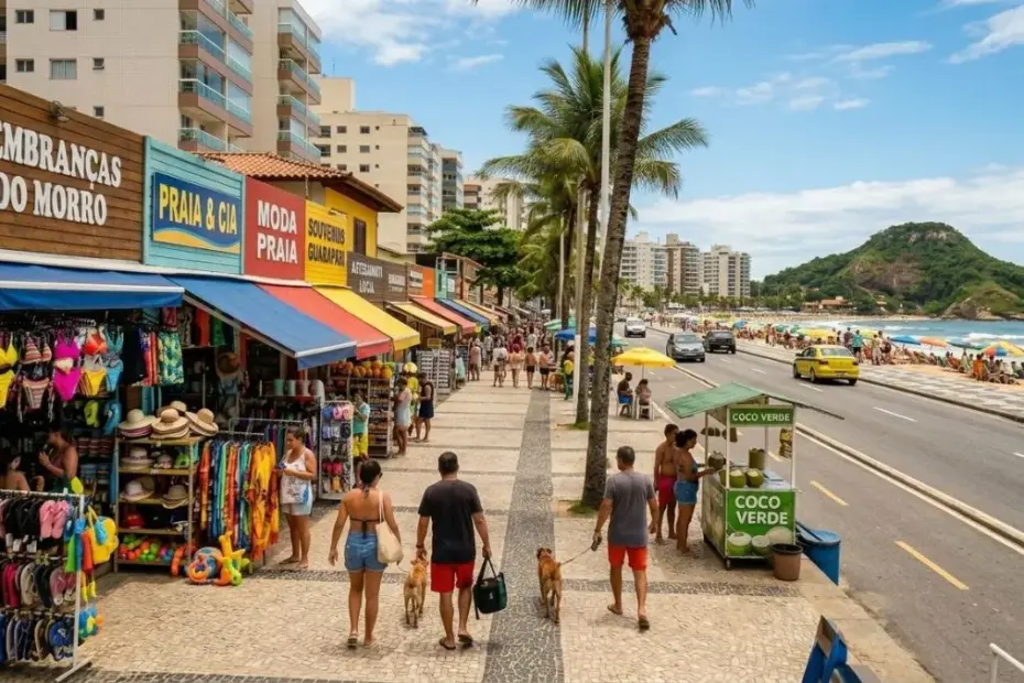 Vista de centro comercial movimentado mostrando onde fazer compras em Guarapari, com lojas de artesanato e vestuário.