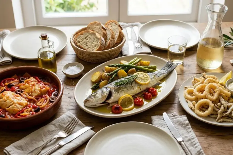 Pratos com peixe para a Sexta-Feira Santa 2026 — moqueca, bacalhau e filé de peixe sobre mesa posta para almoço em família na Semana Santa.