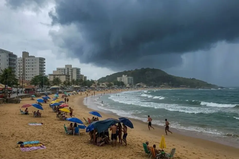 Previsão do tempo em Guarapari na Semana Santa 2026 mostrando nuvens carregadas e chuva sobre banhistas na areia da praia.