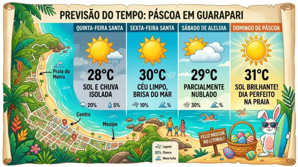 Infográfico ilustrado mostrando o mapa de Guarapari e a previsão do tempo detalhada para a Semana Santa 2026.