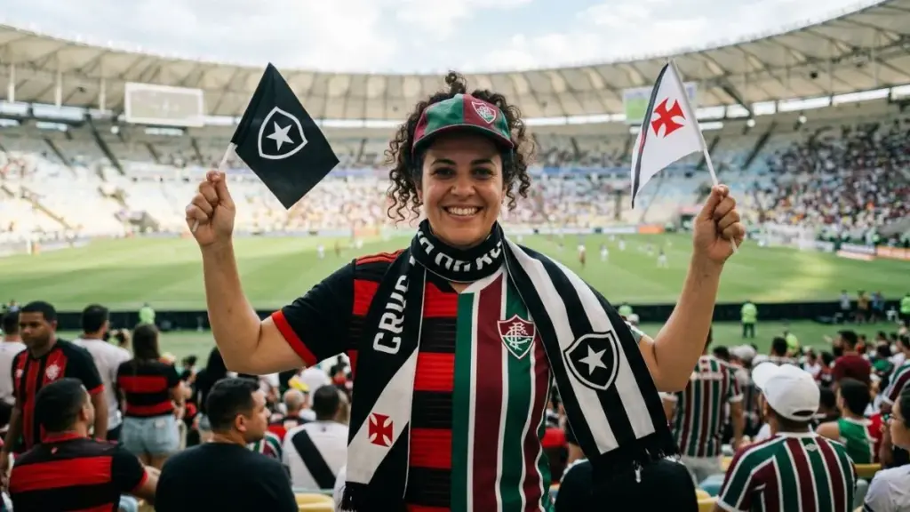 times com mais torcida em Guarapari: Mulher sorrindo com boné do Fluminense, segurando bandeiras do Botafogo e Vasco, e cachecol do Flamengo e Vasco em um estádio lotado.