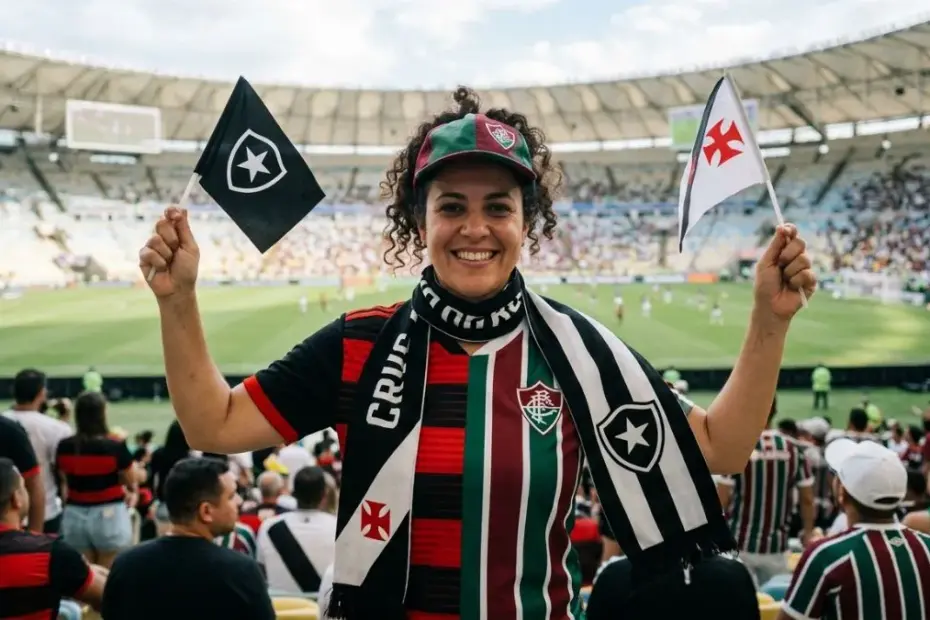 Mulher sorrindo com boné do Fluminense, segurando bandeiras do Botafogo e Vasco, e cachecol do Flamengo e Vasco em um estádio lotado.