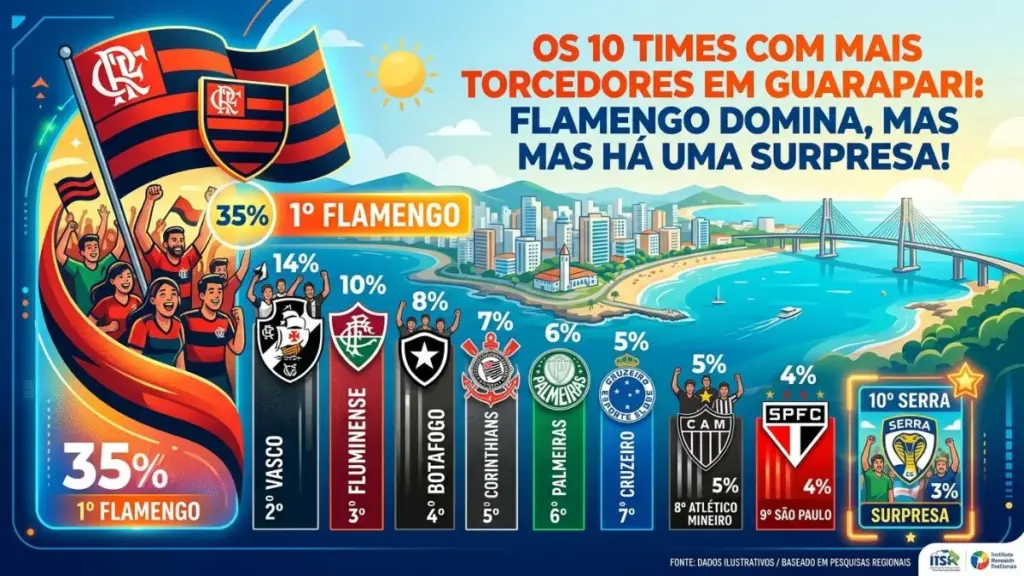 Infográfico ilustrado das maiores torcidas de futebol em Guarapari, Espírito Santo, mostrando Flamengo em 1º com 35%, seguido por Vasco, Fluminense, Botafogo, Corinthians, Palmeiras, Cruzeiro, Atlético Mineiro, São Paulo e Serra FC como surpresa em 10º.