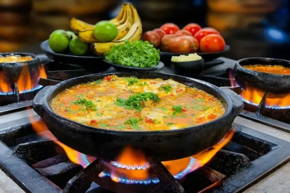 Moqueca capixaba borbulhando na panela de barro em um fogão profissional em Guarapari