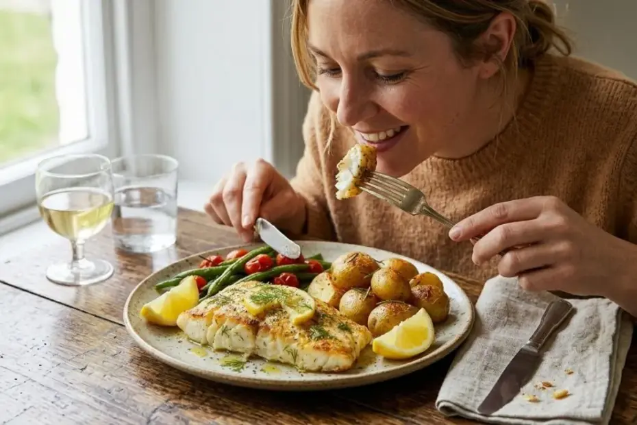 Mulher saboreando prato de peixe branco grelhado com batatas e legumes para o almoço de Páscoa 2026.