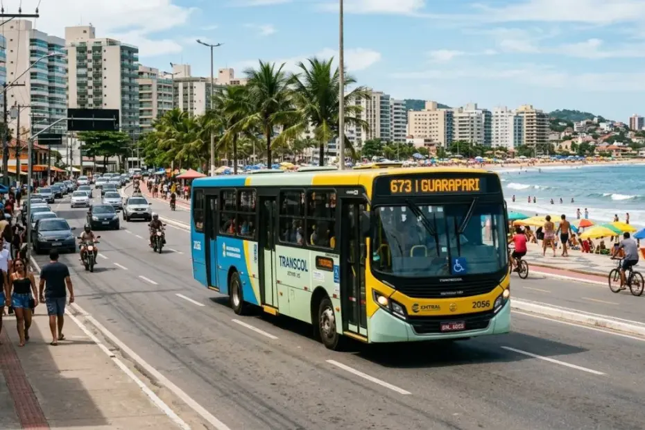 Ônibus do sistema Transcol na nova linha 673 em Guarapari, estacionado próximo ao Fórum de Muquiçaba. Fachada do fórum ao fundo.
