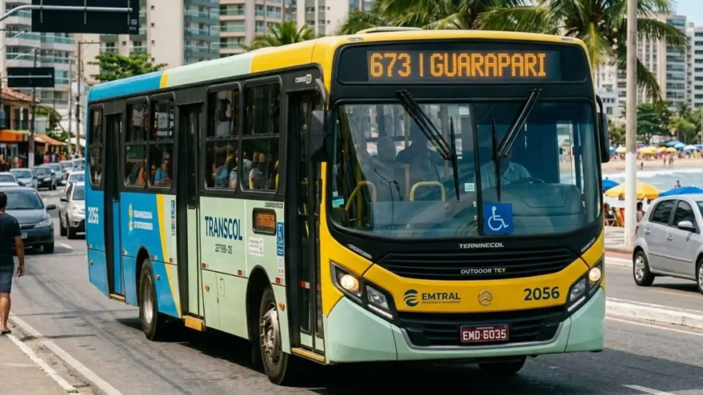 Ônibus do sistema metropolitano operando a Transcol Linha 673 com destino a Guarapari via Rodovia do Sol.