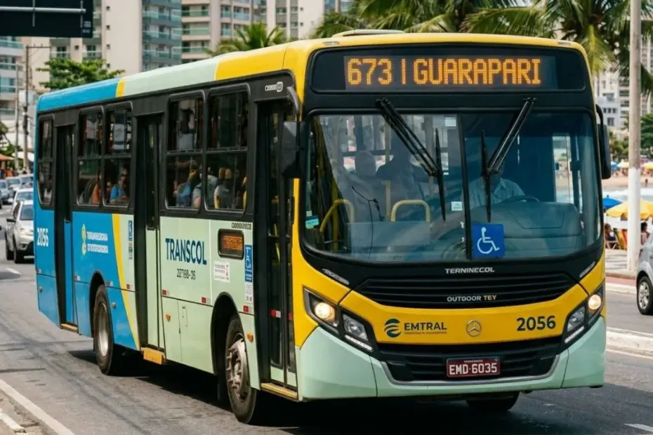 Ônibus do sistema metropolitano operando a Transcol Linha 673 com destino a Guarapari via Rodovia do Sol.