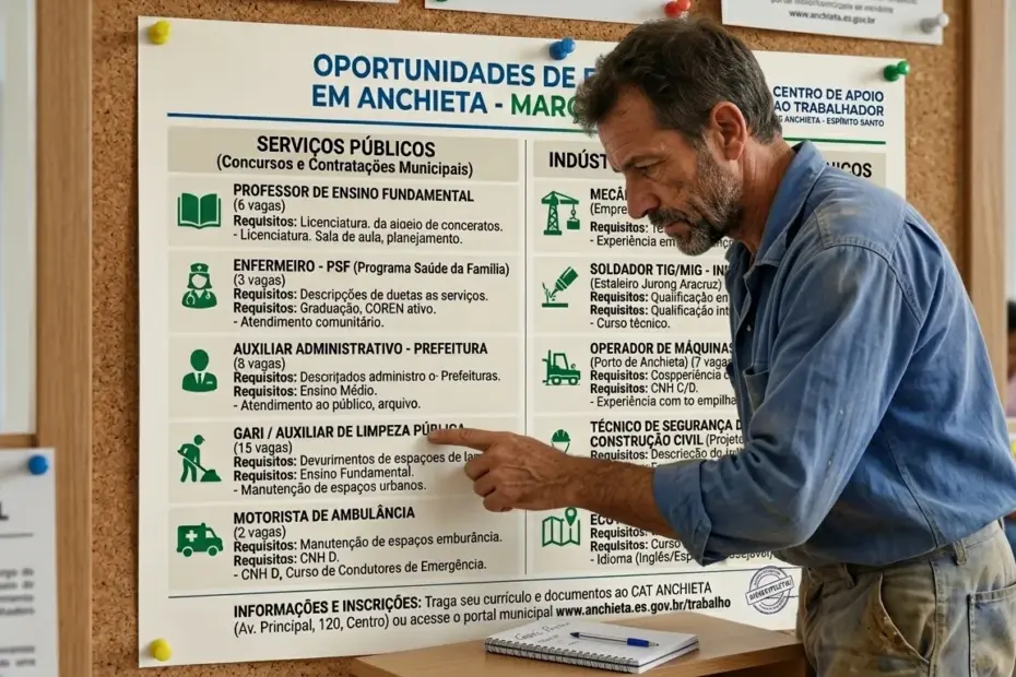 Trabalhador consultando o painel de vagas de emprego em Anchieta no Centro de Apoio ao Trabalhador em março de 2026.