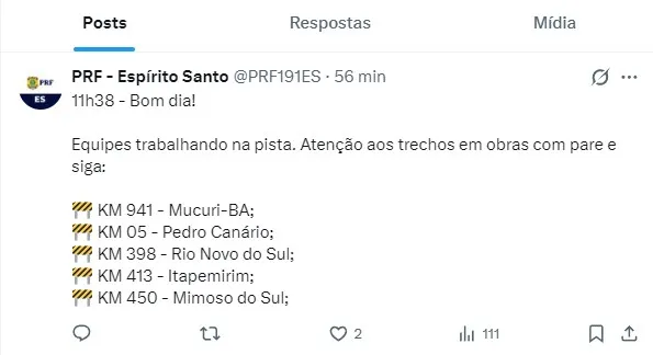 Captura de tela de postagem oficial da PRF-ES informando trechos com sistema Pare e Siga na BR-101 em cidades como Mucuri, Pedro Canário, Rio Novo do Sul, Itapemirim e Mimoso do Sul.