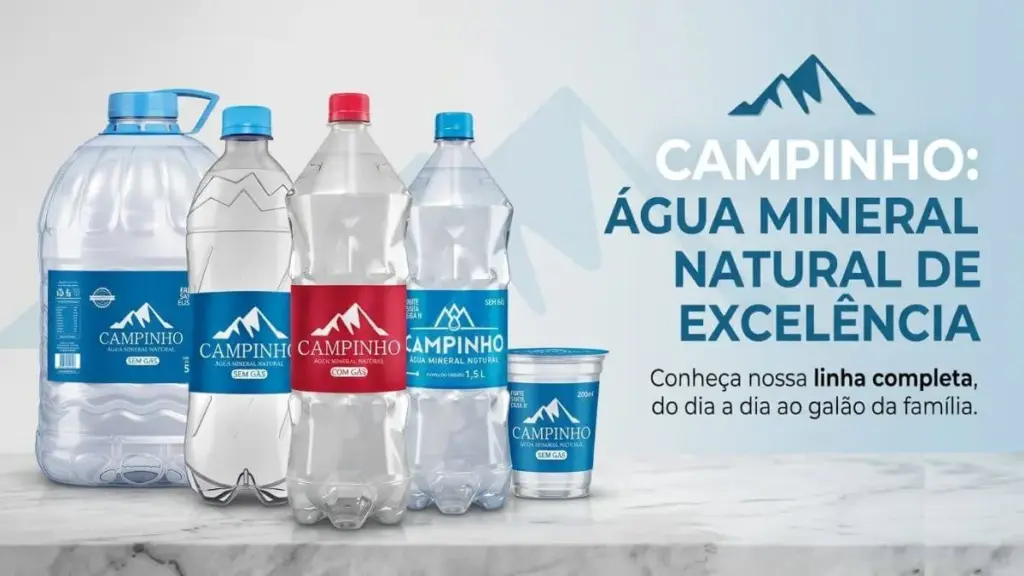 Portfólio completo da Água Campinho com garrafão, garrafas PET e copo para hidratação no Espírito Santo em 2026.