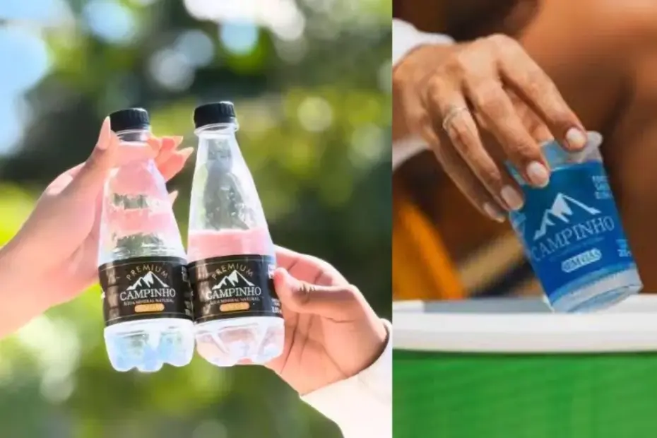 Duas garrafas de Água Mineral Campinho sendo seguradas em um brinde, destacando a pureza do produto de Domingos Martins.