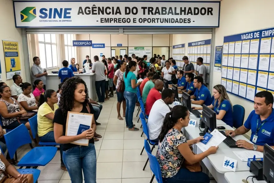 Texto ALT: Interior da agência do SINE Anchieta com cidadãos sentados em cadeiras azuis aguardando atendimento e funcionários em guichês de recepção e entrevistas.