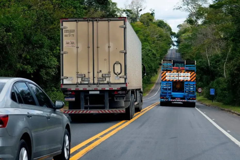 Vista traseira de caminhões e um carro de passeio trafegando em trecho de pista simples da BR-101 cercado por vegetação, ilustrando o fluxo lento em áreas de Pare e Siga.