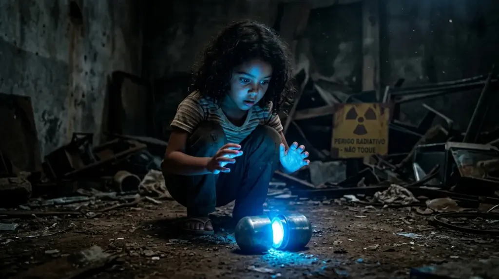 Césio 137: pó azul brilhante do maior acidente radiológico do Brasil em Goiânia, com crianças brincando e o brilho no escuro que encantou e matou vítimas.