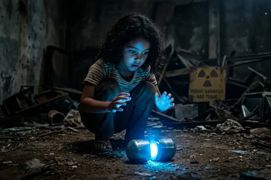 Césio 137: pó azul brilhante do maior acidente radiológico do Brasil em Goiânia, com crianças brincando e o brilho no escuro que encantou e matou vítimas.