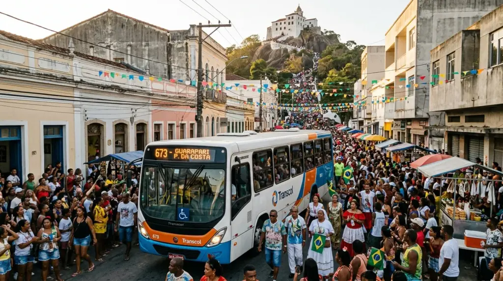 Romeiros embarcando em ônibus da Viação Alvorada para saber como ir à Festa da Penha de Guarapari em 2026 pela Rodovia do Sol.
