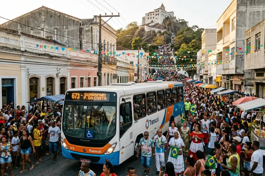 Romeiros embarcando em ônibus da Viação Alvorada para saber como ir à Festa da Penha de Guarapari em 2026 pela Rodovia do Sol.