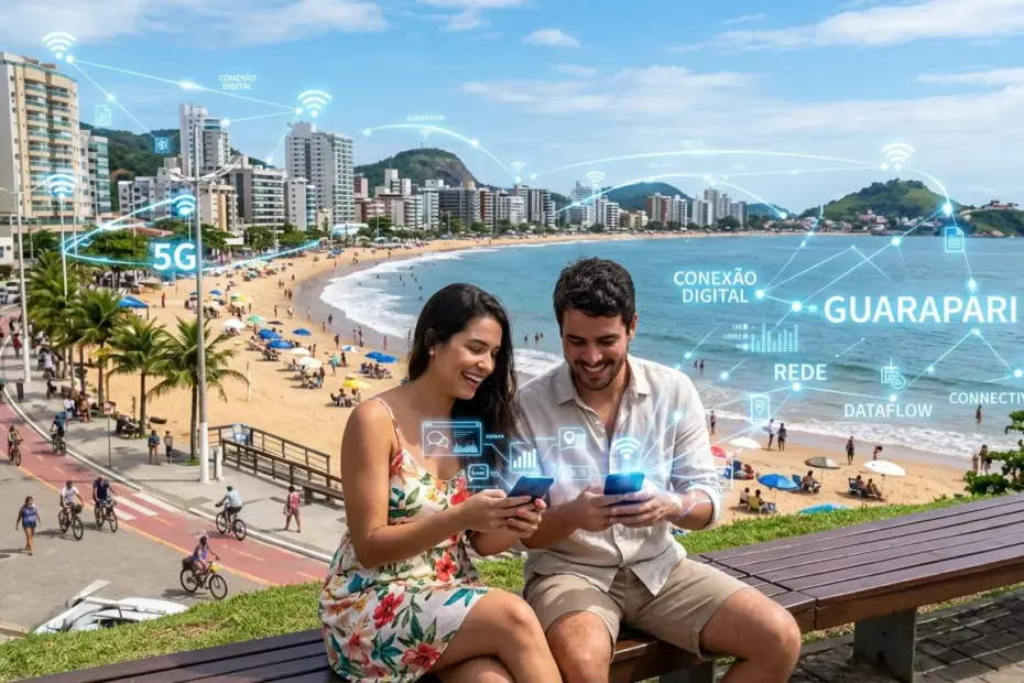 Mapa de cobertura e ícones de conexão fibra óptica em Guarapari, destacando a tecnologia de internet em 2026.