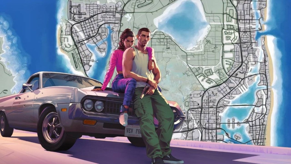 Arte promocional de GTA 6 exibindo os protagonistas Lucia e Jason sob o pôr do sol de Vice City, destacando a data de 19 de novembro de 2026.