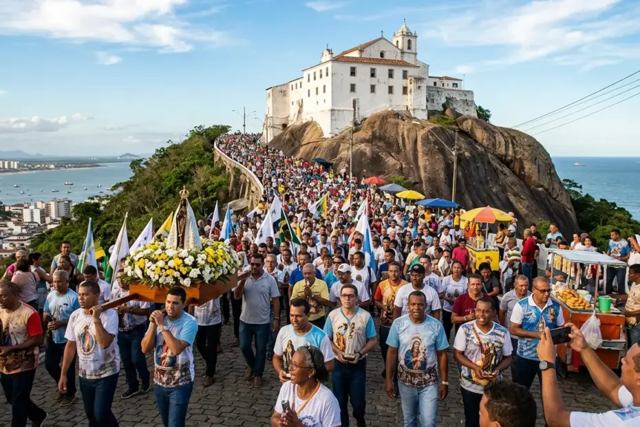 Multidão de fiéis carregando o andor de Nossa Senhora da Penha durante a Romaria dos Homens em direção ao Convento da Penha em Vila Velha.