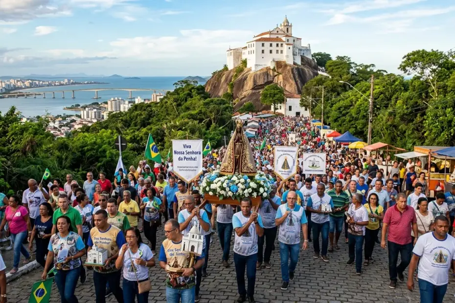 Multidão de fiéis carregando a imagem de Nossa Senhora da Penha durante a Festa da Penha 2026 no morro do Convento em Vila Velha.