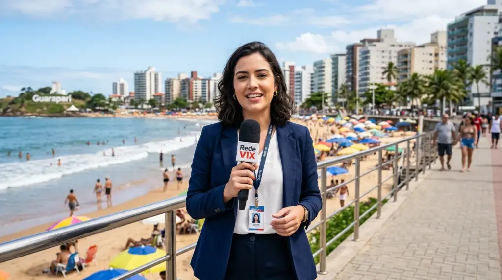 Repórter do Portal RedeVix em Guarapari apresentando o Giro de Notícias Guarapari Anchieta e Alfredo Chaves durante o feriado da Penha 2026.
