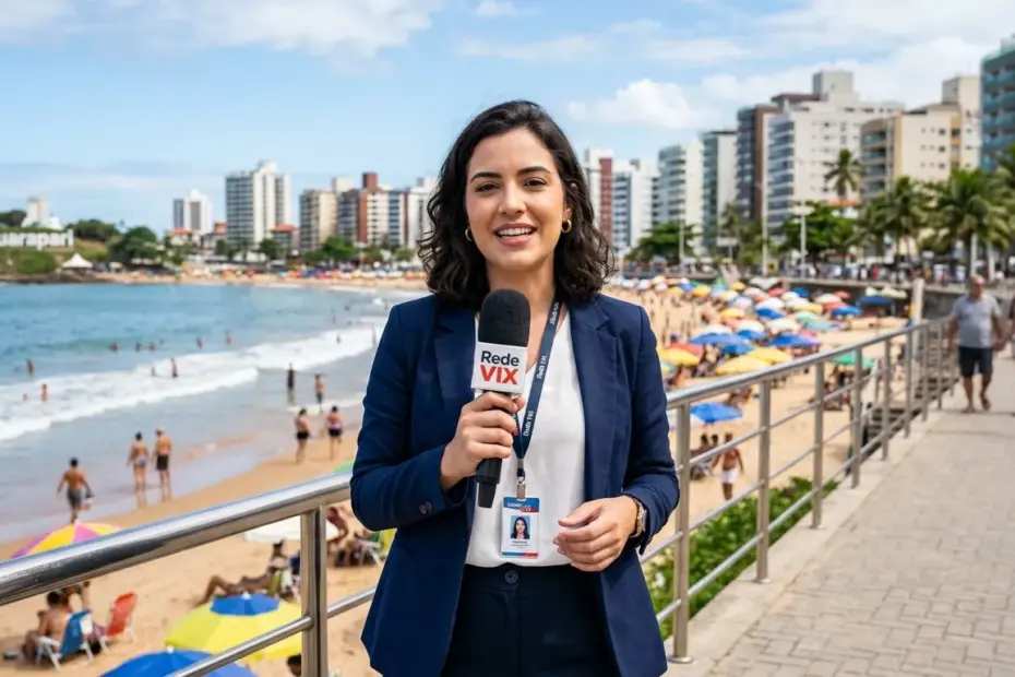 Repórter do Portal RedeVix em Guarapari apresentando o Giro de Notícias Guarapari Anchieta e Alfredo Chaves durante o feriado da Penha 2026.