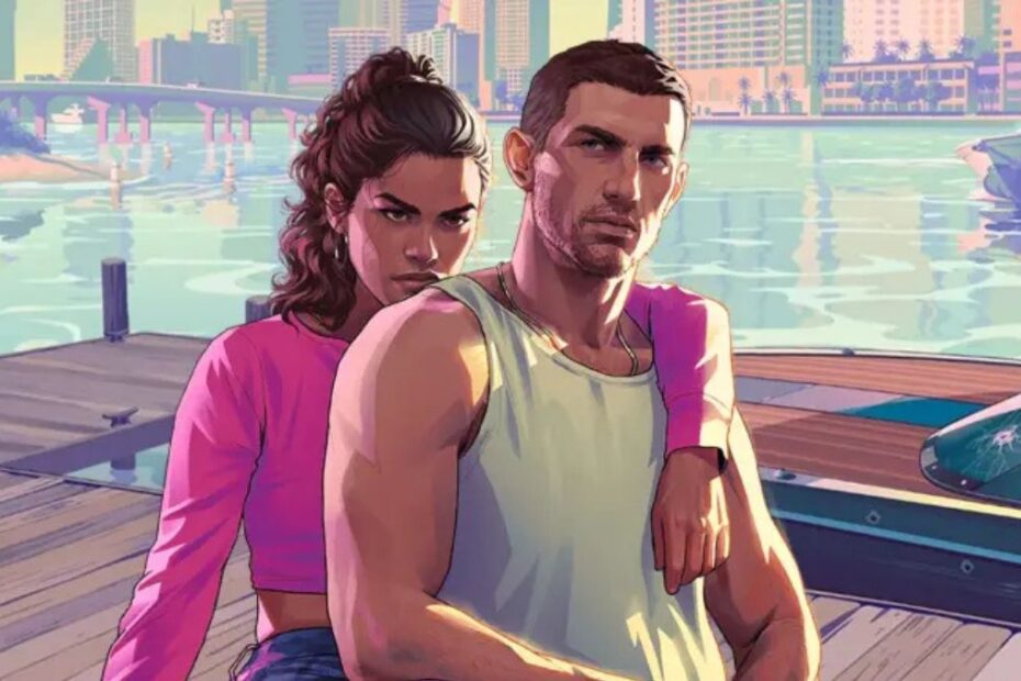 Arte oficial de GTA 6 com os protagonistas Jason e Lucia em Vice City, confirmando lançamento para novembro de 2026.